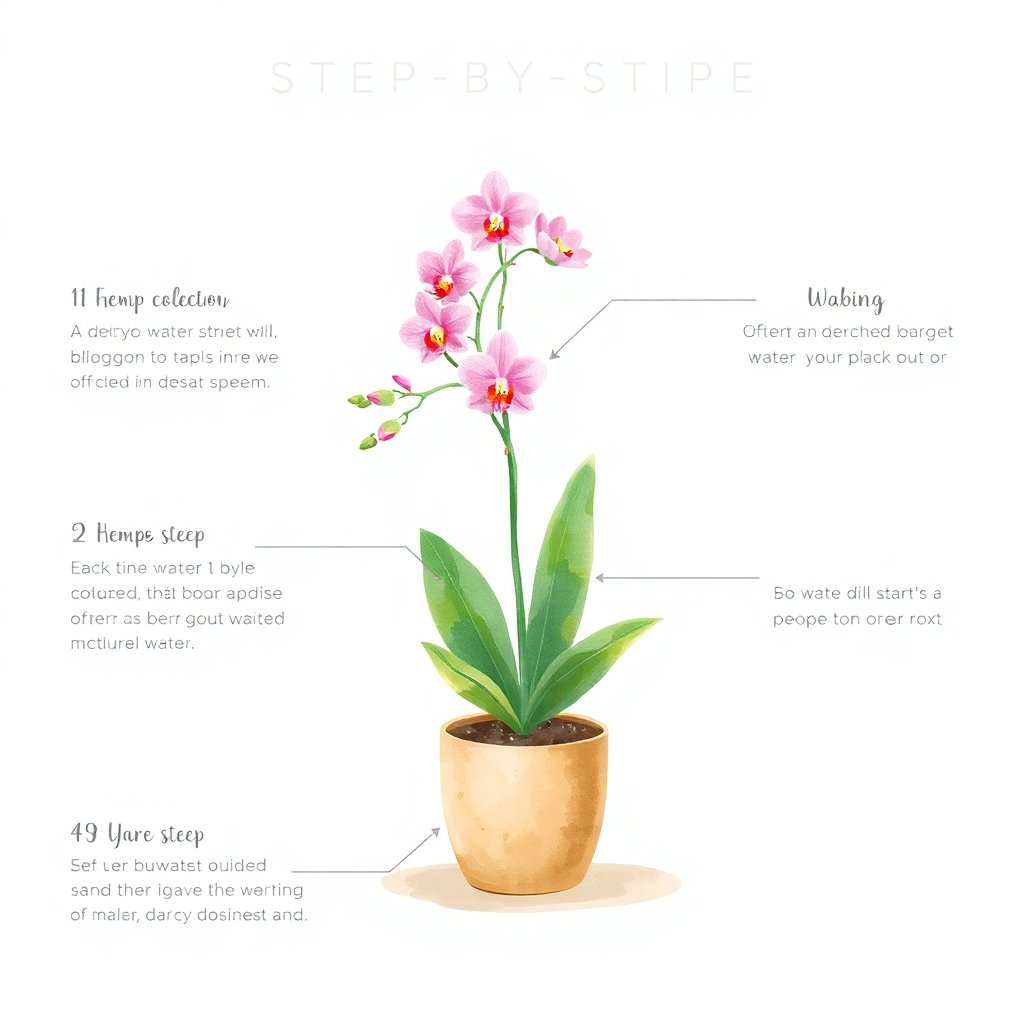 Step-by-step infographic style illustration of watering an orchid in a small pot, soft watercolor style, natural tones, soft shadows, organic shapes, clean white background, high quality, artistic, botanical illustration