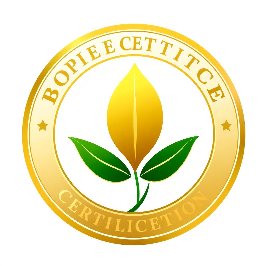 Professional botanical certification badge or seal with a stylized orchid leaf, elegant gold and green colors, high-end look, circular design, isolated on white background
