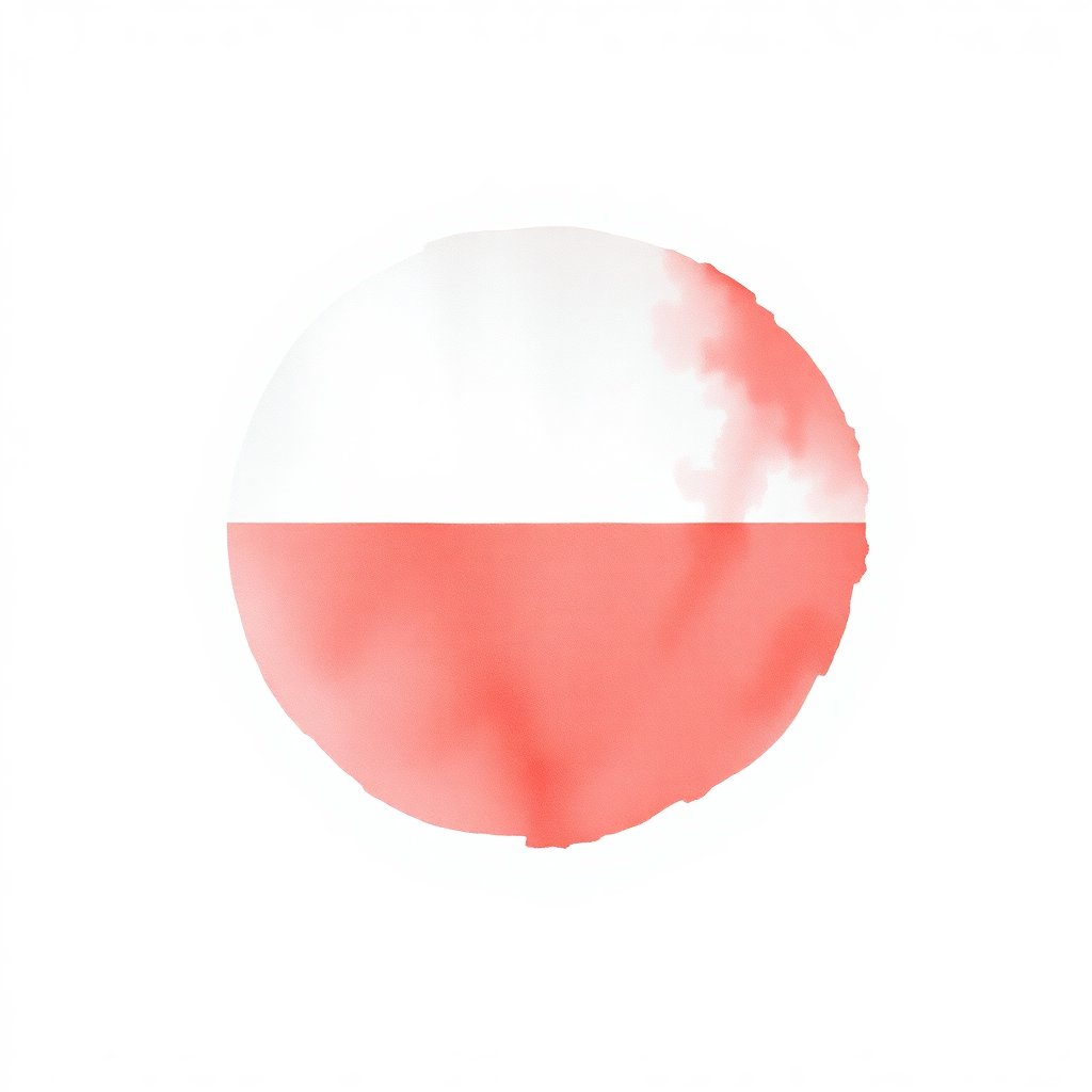 Artistic watercolor circle of the Polish flag (white top, red bottom), soft bleeding edges, painterly style, isolated on white background