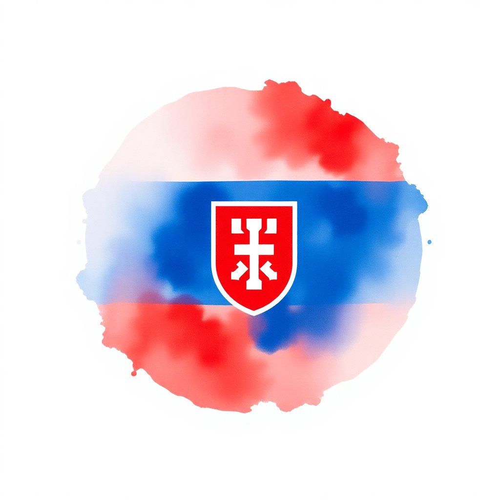Artistic watercolor circle of the Slovak flag (white, blue, red stripes with coat of arms), soft bleeding edges, painterly style, isolated on white background